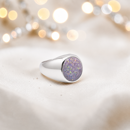 Unicorn purple Haven men's sterling silver signet ring, handcrafted in Lancashire UK by Keepsake Memorial Jewellery