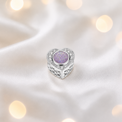 Unicorn purple sterling silver heart of memories ashes memorial charm, handcrafted in Lancashire by keepsake memorial