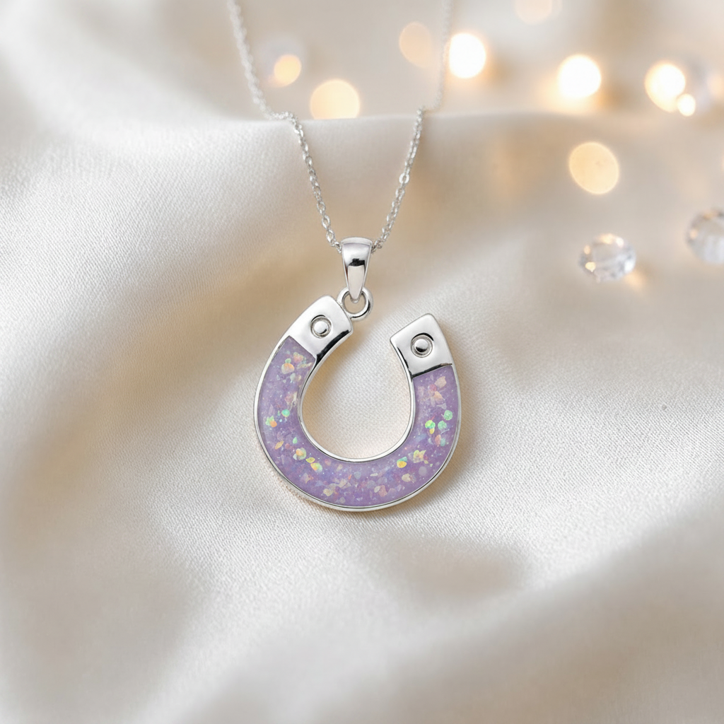 Midnight horseshoe ashes pendant in unicorn purple, handcrafted in Lancashire UK - by Keepsake Memorial Jewellery