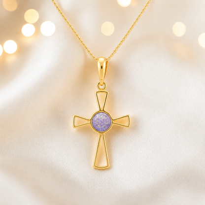 Unicorn purple 9ct gold memorial ashes open cross pendant, handcrafted in Lancashire UK