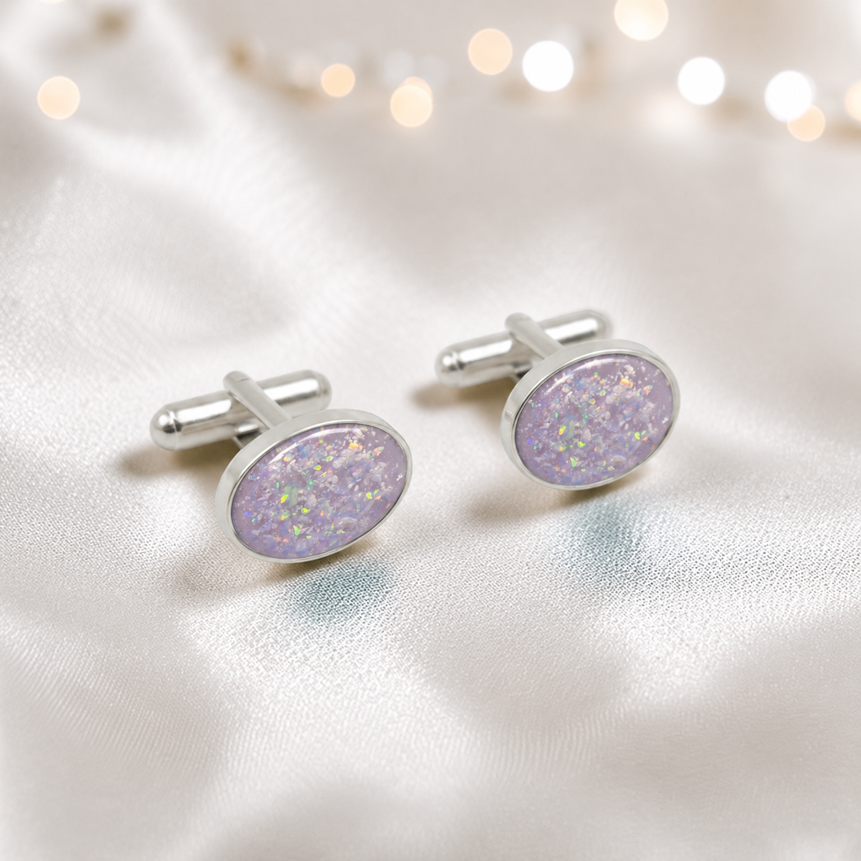 Unicorn purple Pulse sterling silver oval memorial ashes cufflinks, handcrafted in Lancashire UK