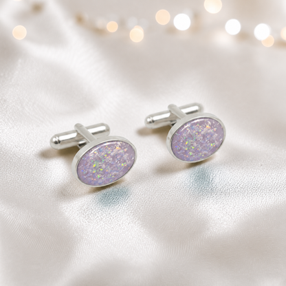 Unicorn purple Pulse sterling silver oval memorial ashes cufflinks, handcrafted in Lancashire UK