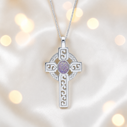 Unicorn purple Anam sterling silver Celtic cross memorial pendant, 55mm, handcrafted in Lancashire UK by Keepsake Memorial Jewellery