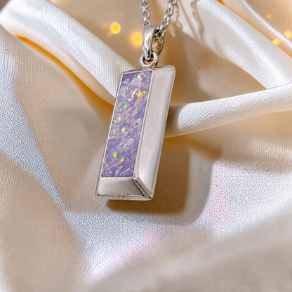 Unicorn purple Bastion men's sterling silver 3D bar memorial pendant, handcrafted in Lancashire UK by Keepsake Memorial Jewellery