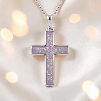 Unicorn purple Halo sterling silver cross memorial pendant, 30mm, handcrafted in Lancashire UK by Keepsake Memorial Jewellery