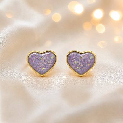 Unicorn Purple Helene 9ct gold heart earrings, handcrafted in Lancashire, UK – by Keepsake Memorial Jewellery