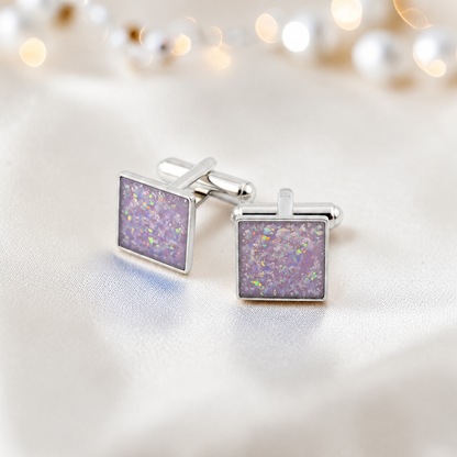 Unicorn purple Nexus sterling silver square memorial ashes cufflinks, handcrafted in Lancashire UK