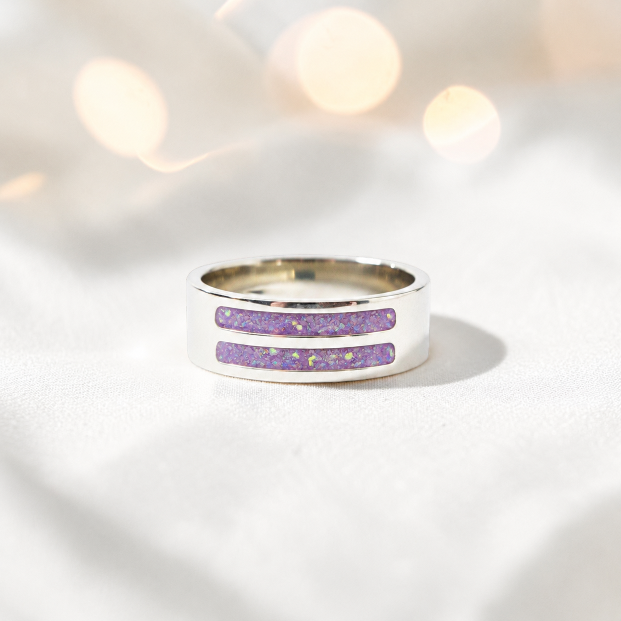 Unicorn purple Strata men's sterling silver double channel memorial ring, wide comfort-fit band, handcrafted in Lancashire UK by Keepsake Memorial Jewellery