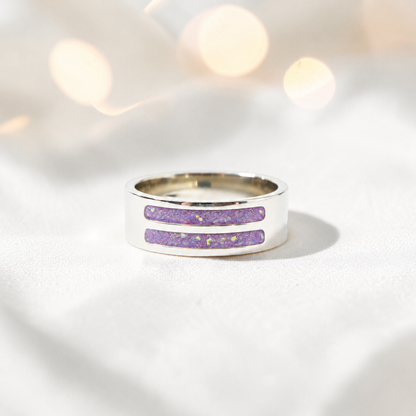 Unicorn purple Strata men's sterling silver double channel memorial ring, wide comfort-fit band, handcrafted in Lancashire UK by Keepsake Memorial Jewellery