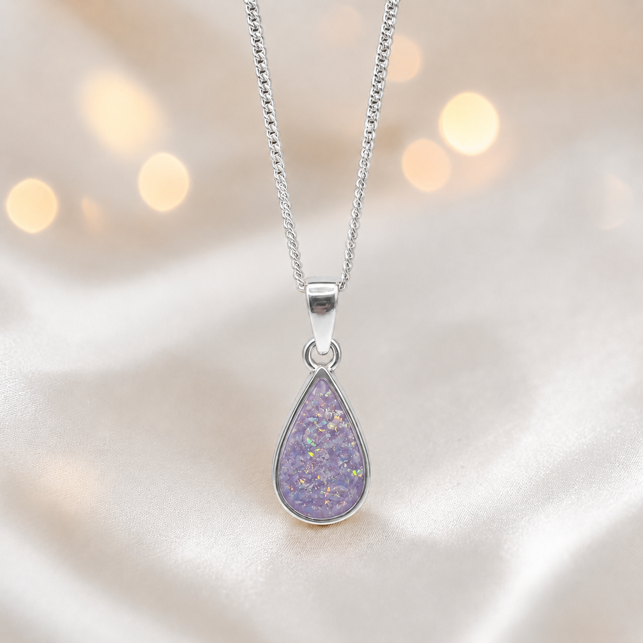 Silver Vega teardrop memorial pendant in Unicorn Purple, handcrafted in Lancashire UK