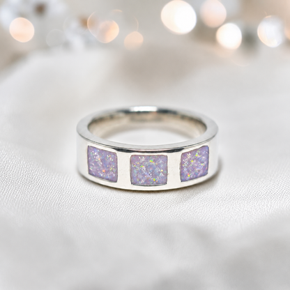 Unicorn Purple vigil men's sterling silver memorial ring with triple setting, handcrafted in Lancashire UK by Keepsake Memorial Jewellery