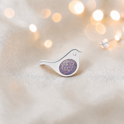 Keepsake memorial silver Robin  ashes charm, in unicorn purple, handcrafted in Lancashire, UK
