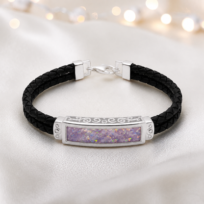 Unicorn purple Sentinel men's sterling silver and leather memorial bracelet , handcrafted in Lancashire UK by Keepsake Memorial Jewellery