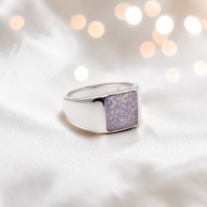 Unicorn purple Valor men's sterling silver memorial signet ring, handcrafted in Lancashire UK by Keepsake Memorial Jewellery