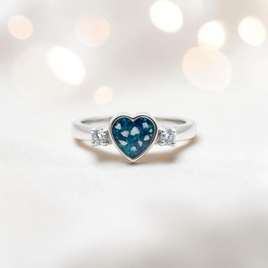 Valentina Ring — silver heart ashes memorial ring, in teal mist, handcrafted in the UK