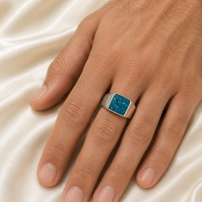 Keepsake Memorial Men's square valor signet ashes ring, handcrafted in Lancashire UK