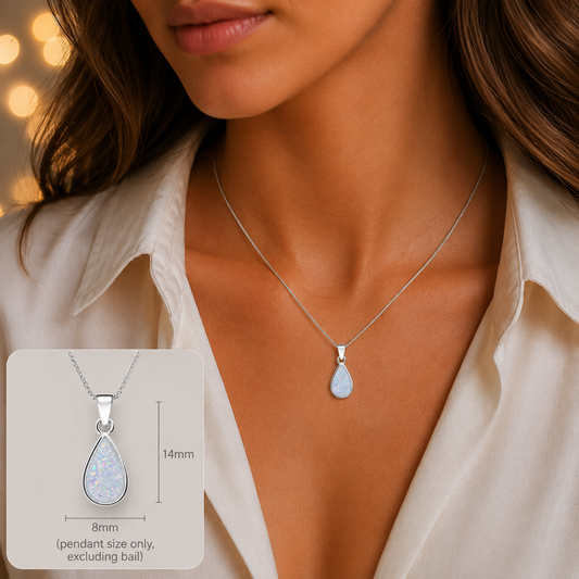 Silver Vega teardrop memorial pendant in White Snow, handcrafted in Lancashire UK