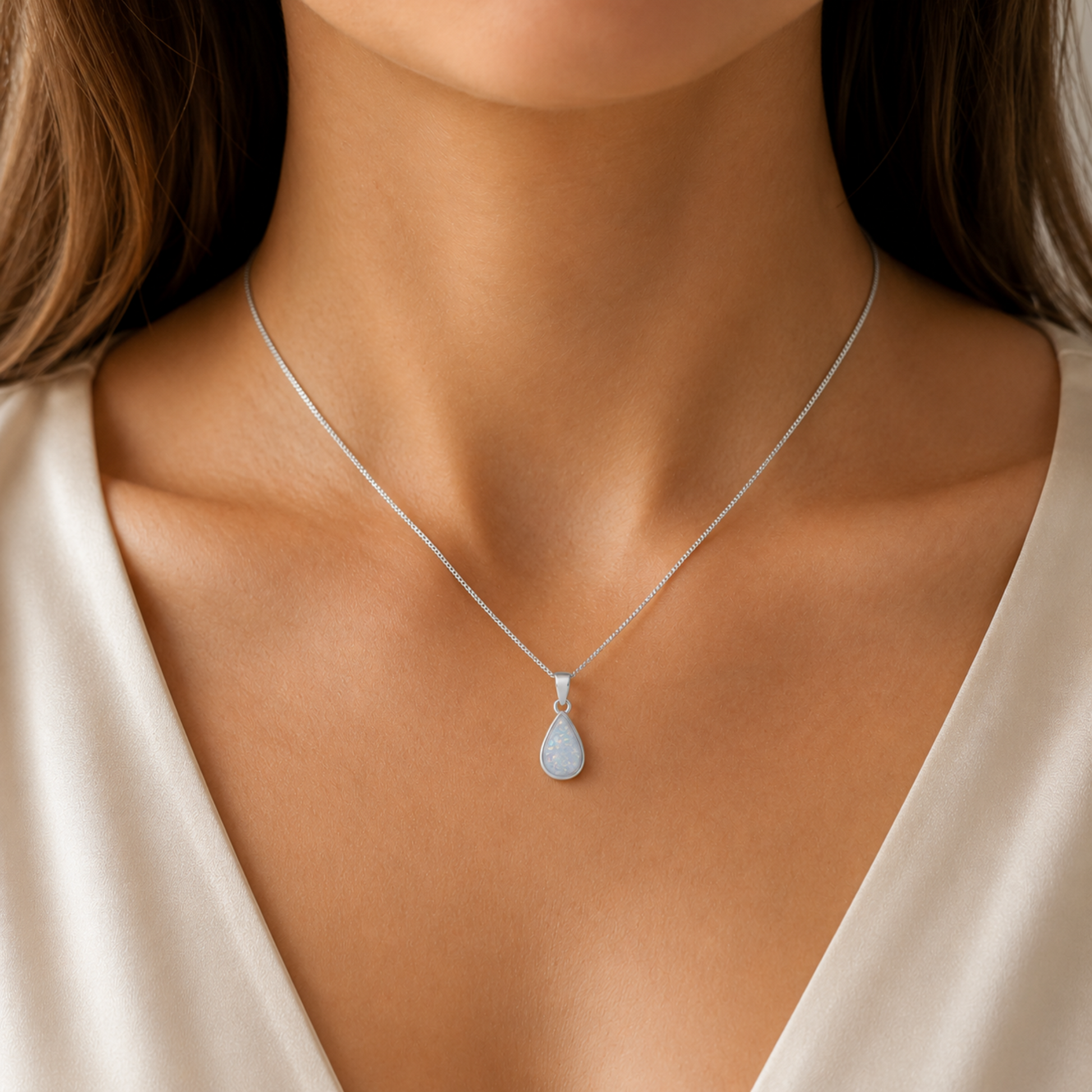 Vega ashes memorial pendant on neck, handcrafted in Lancashire