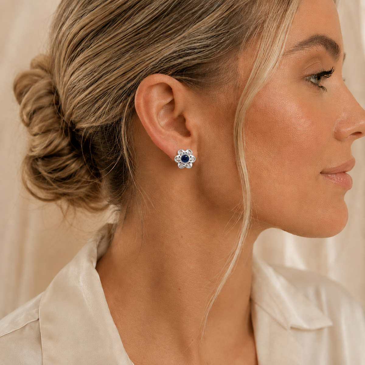 Velour Flower Earrings — silver flower ashes memorial stud earrings, handcrafted in Lancashire, UK