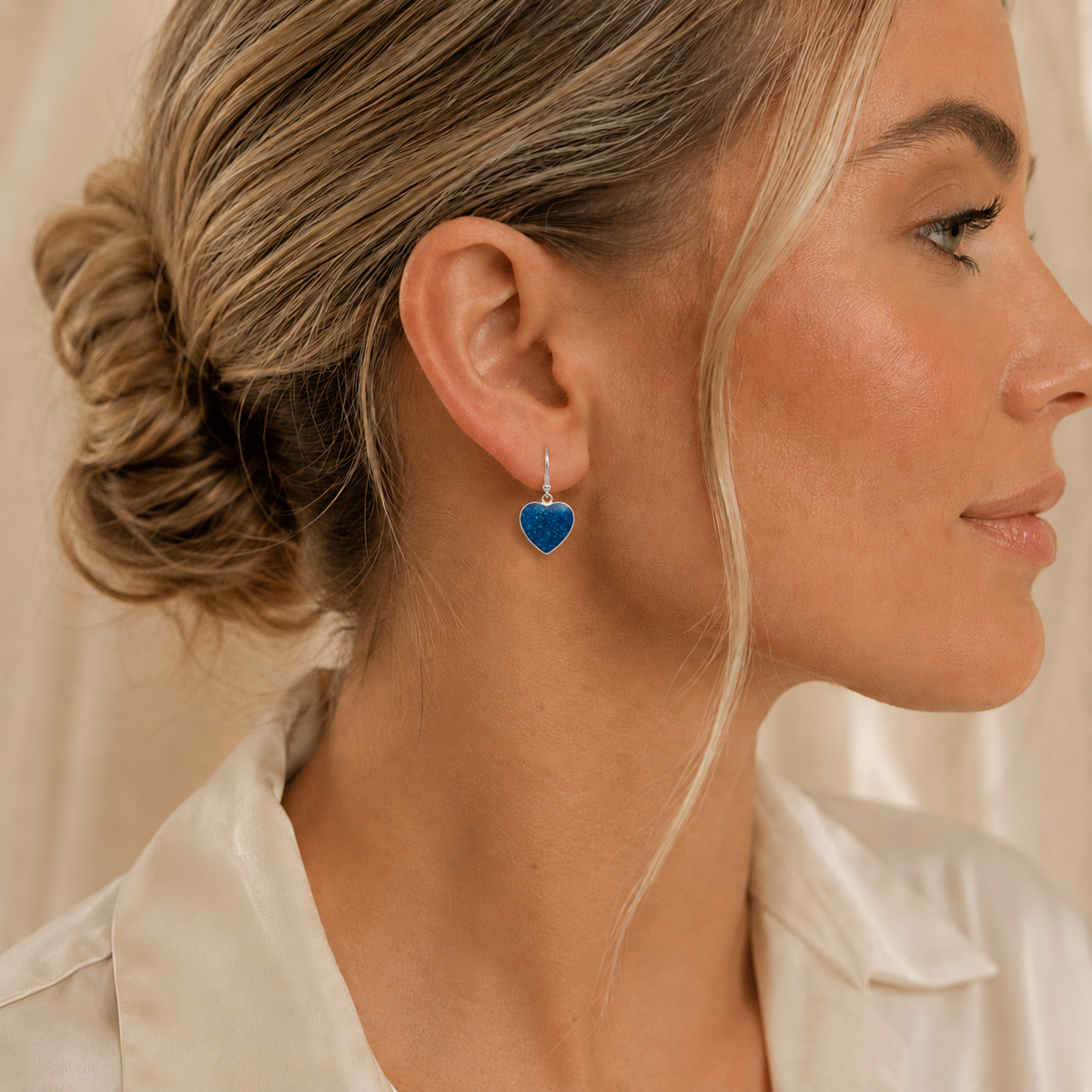 Whispers of Love memorial drop earrings — sterling silver heart drop ashes earrings, handcrafted in Lancashire, UK