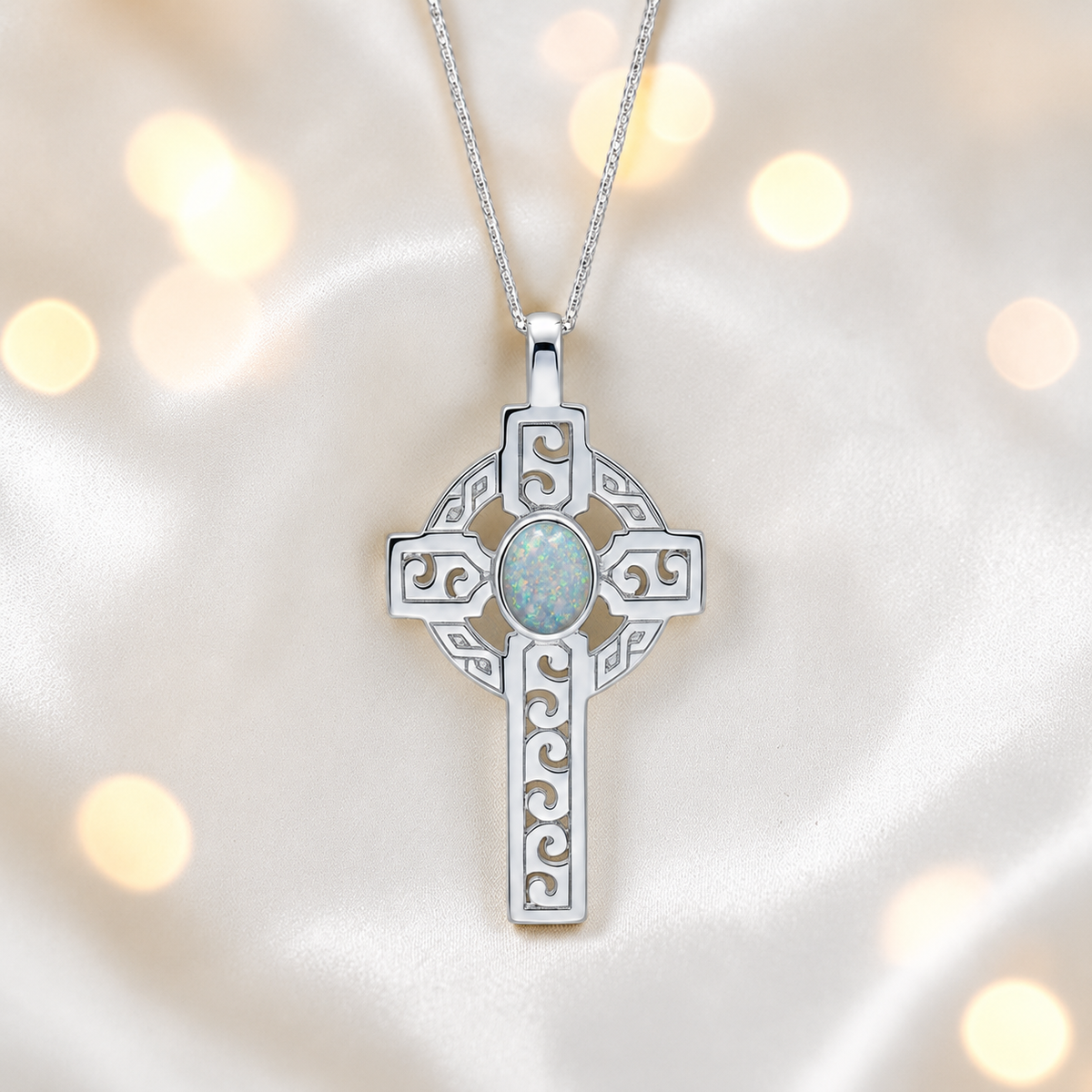 White snow Anam sterling silver Celtic cross memorial pendant, 55mm, handcrafted in Lancashire UK by Keepsake Memorial Jewellery
