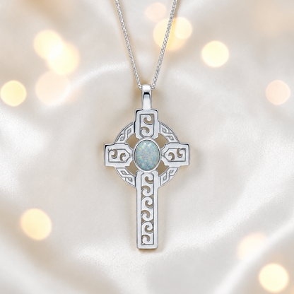 White snow Anam sterling silver Celtic cross memorial pendant, 55mm, handcrafted in Lancashire UK by Keepsake Memorial Jewellery