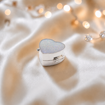 Sterling silver ashes heart trinket box in white snow, handcrafted in Lancashire, UK - by Keepsake Memorial Jewellery