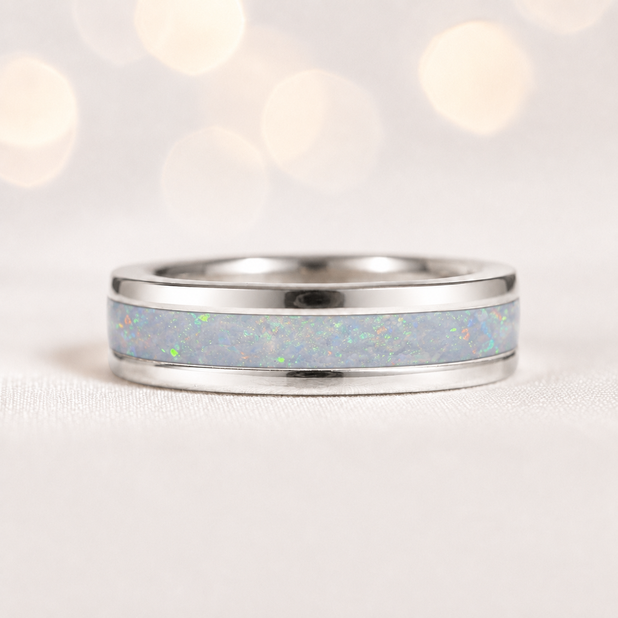 White Snow Horizon unisex sterling silver channel memorial band ring, 5.5mm wide, handcrafted in Lancashire UK by Keepsake Memorial Jewellery