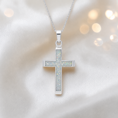 White Snow Legacy men's sterling silver 3D cross memorial pendant, 29mm, handcrafted in Lancashire UK by Keepsake Memorial Jewellery