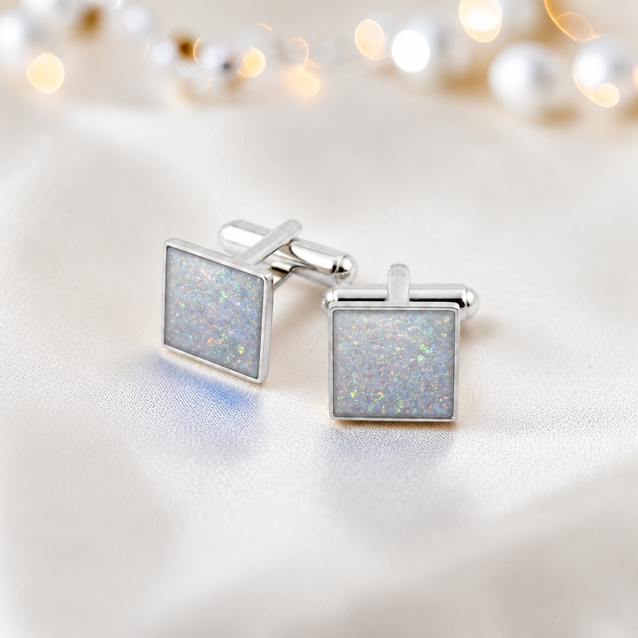 White snow Nexus sterling silver square memorial ashes cufflinks, handcrafted in Lancashire UK