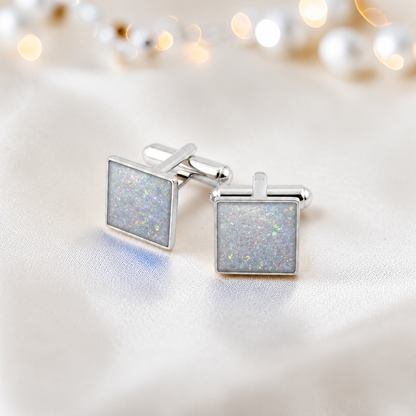 White snow Nexus sterling silver square memorial ashes cufflinks, handcrafted in Lancashire UK