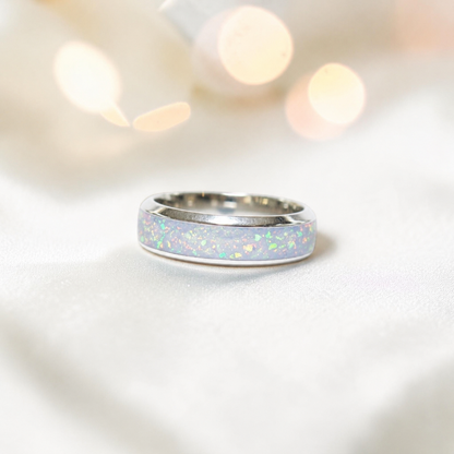 White Snow Obsidian men's sterling silver wide channel memorial band ring, 6mm wide, handcrafted in Lancashire UK by Keepsake Memorial Jewellery