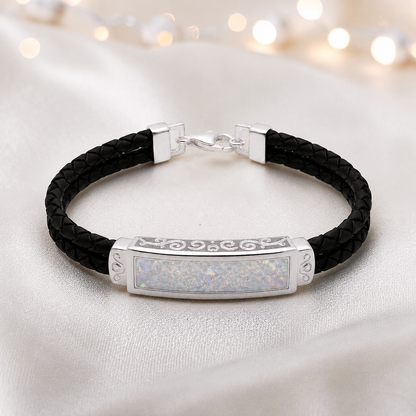White snow Sentinel men's sterling silver and leather memorial bracelet , handcrafted in Lancashire UK by Keepsake Memorial Jewellery