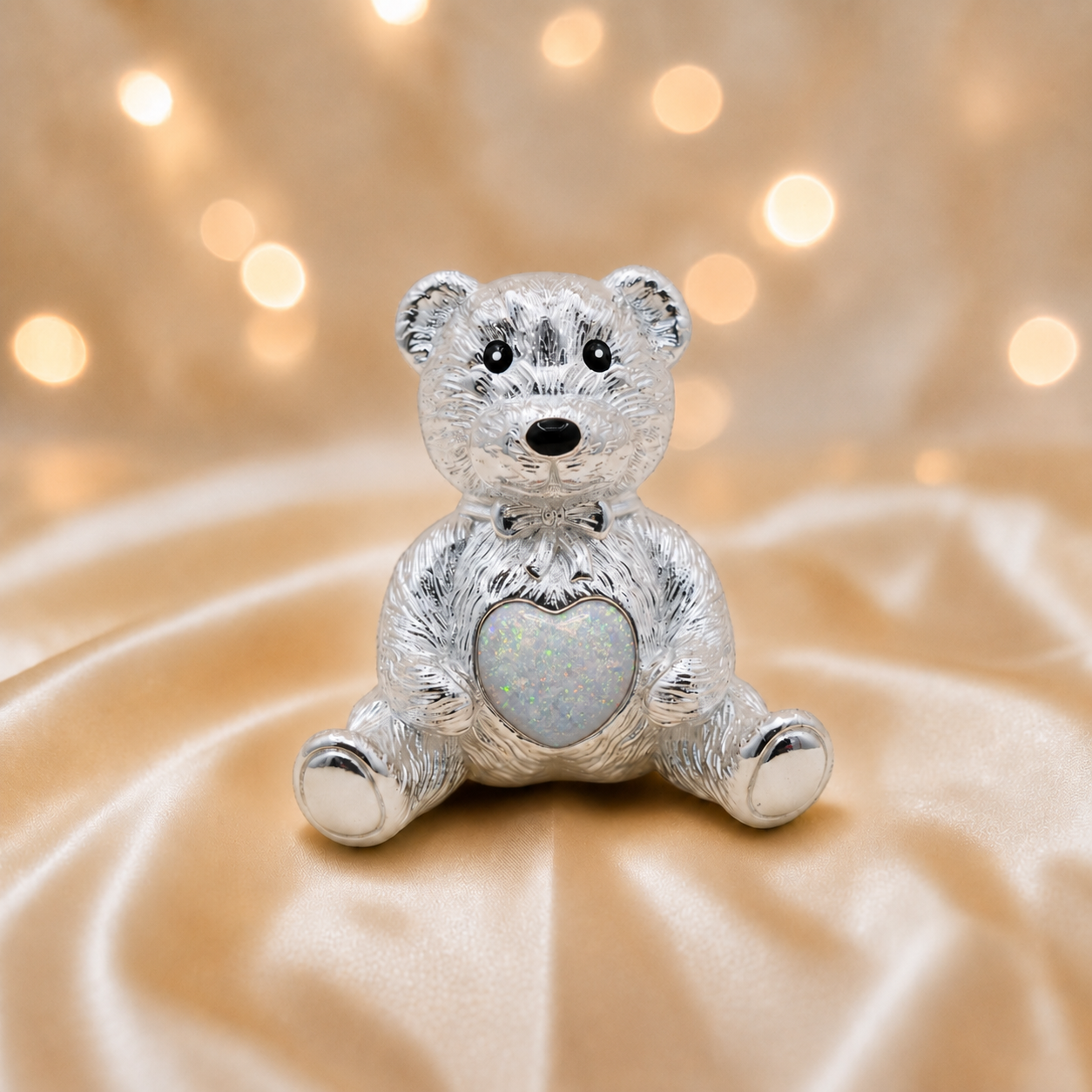 Stainless steel ted memorial bear,  in white snow, handcrafted in Lancashire UK - by Keepsake Memorial Jewellery