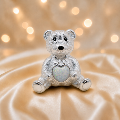 Stainless steel ted memorial bear,  in white snow, handcrafted in Lancashire UK - by Keepsake Memorial Jewellery