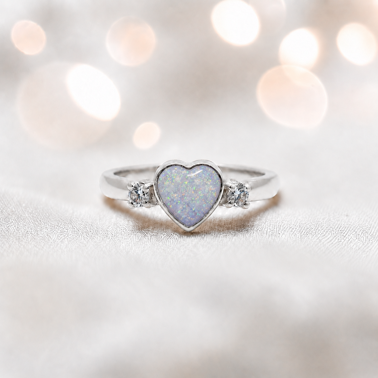 Valentina Ring — silver heart ashes memorial ring, in white snow, handcrafted in the UK