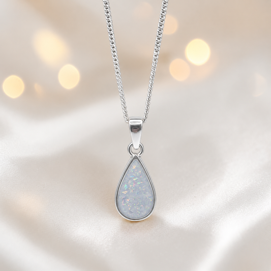 Silver Vega teardrop memorial pendant in White Snow, handcrafted in Lancashire UK