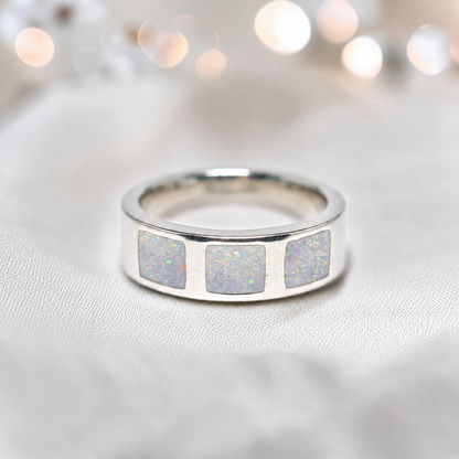 White Snow vigil men's sterling silver memorial ring with triple setting, handcrafted in Lancashire UK by Keepsake Memorial Jewellery