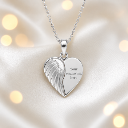 Engraved Achern angel heart ashes pendant, handcrafted in Lancashire UK - by Keepsake Memorial Jewellery