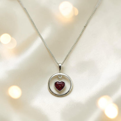 Wren silver open circle with heart drop ashes pendant, handcrafted in Lancashire UK