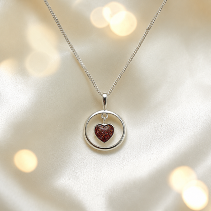 Wren silver open circle with heart drop ashes pendant in copper mocha, handcrafted in Lancashire UK