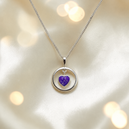Wren silver open circle with heart drop ashes pendant in sleepy lavender, handcrafted in Lancashire UK