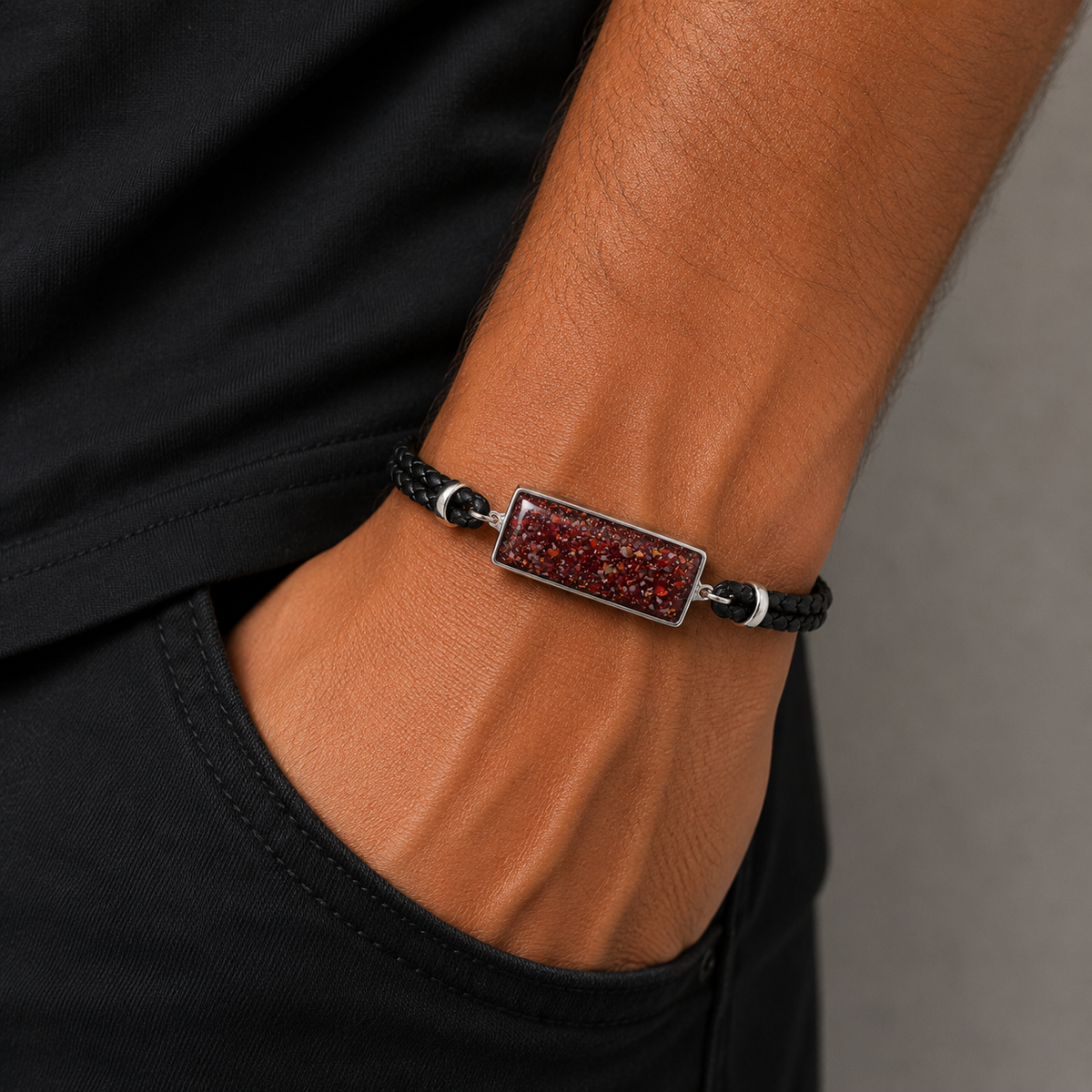 Ruby red  Zenith men's sterling silver and leather memorial bracelet , handcrafted in Lancashire UK by Keepsake Memorial Jewellery