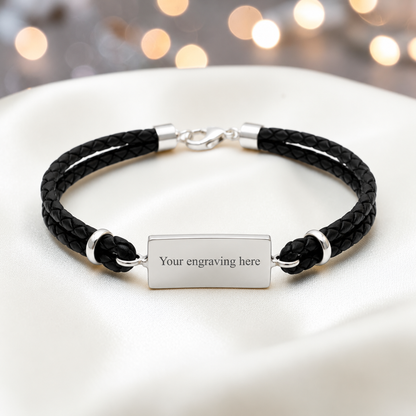 Engraved Zenith men's sterling silver and leather memorial bracelet , handcrafted in Lancashire UK by Keepsake Memorial Jewellery
